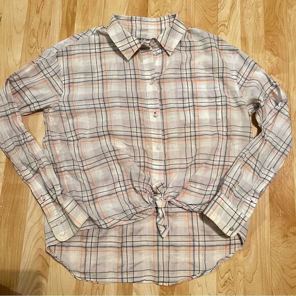 Elizabeth and James Plaid Tan Tie Button Up Women’s Small - Picture 1 of 5